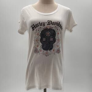 Harley Davidson White Jeweled Skull Scoop Neck Short Sleeve T-Shirt- L